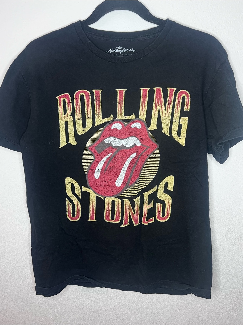 The Rolling Stones Black Tee with Red Tongue and Gold Lettering